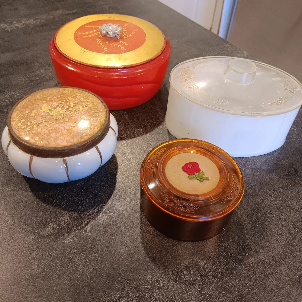 4 Vintage Powder jars. Collectible Avon vanity women's bathroom decor. Boho